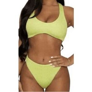 Naked wardrobe Lime Green racer back size medium new smocked stretchy Bikini Set